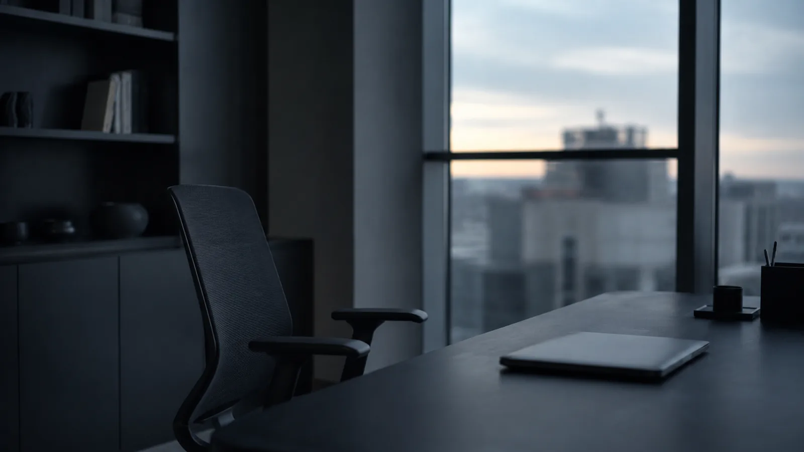 Verlaten bureaustoel bij een raam in een stil kantoor bij schemering, met een dichtgeklapte laptop op het bureau.