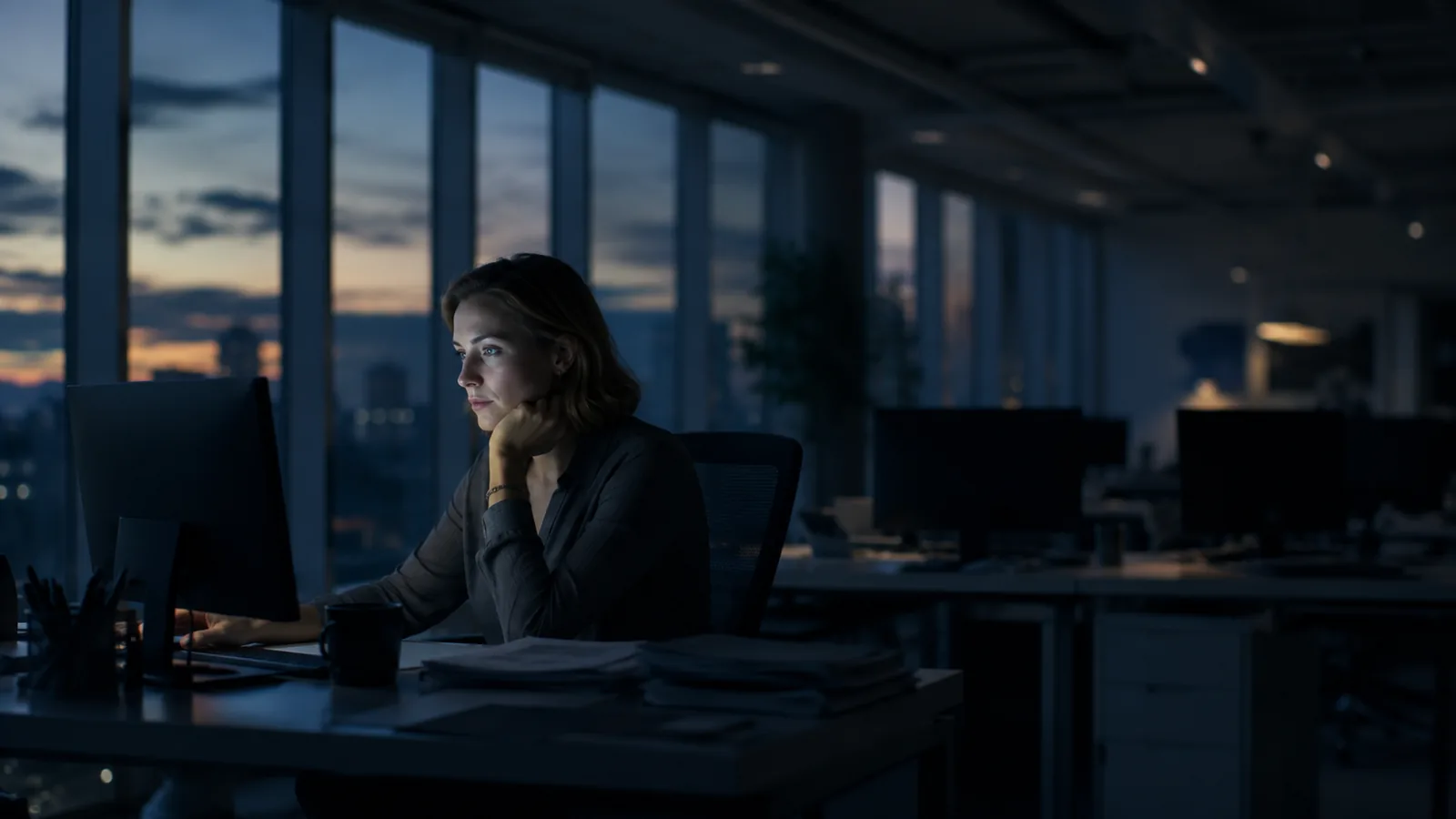 Medewerker werkt laat door achter een beeldscherm in een donker, leeg kantoor bij avondlicht.