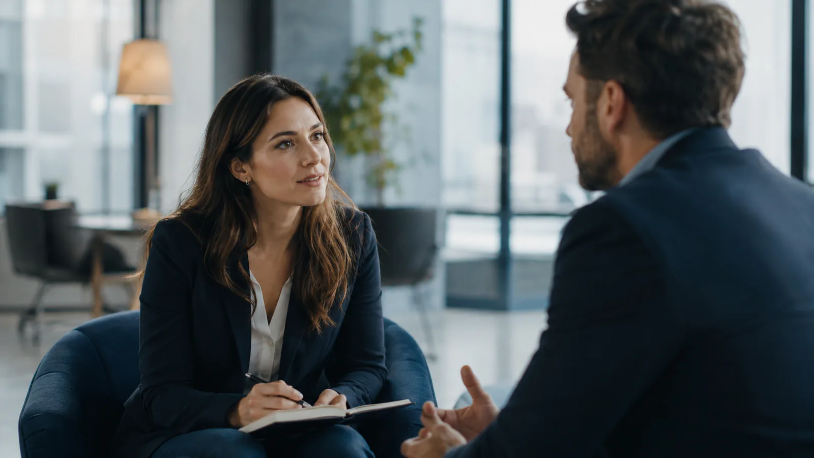 Twee collega's in een rustig, betrokken gesprek in een licht modern kantoor.
