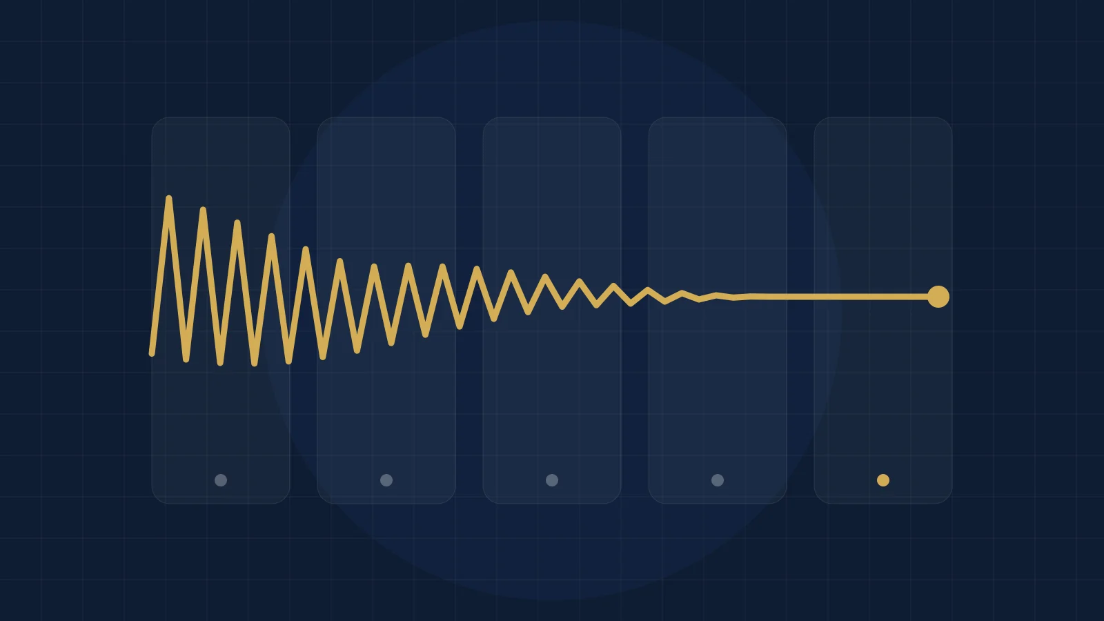 Illustratie van vijf dagkolommen van maandag tot en met vrijdag met een gouden lijn die van onrustig naar rustig verloopt, als beeld voor een week waarin werkstress afneemt.